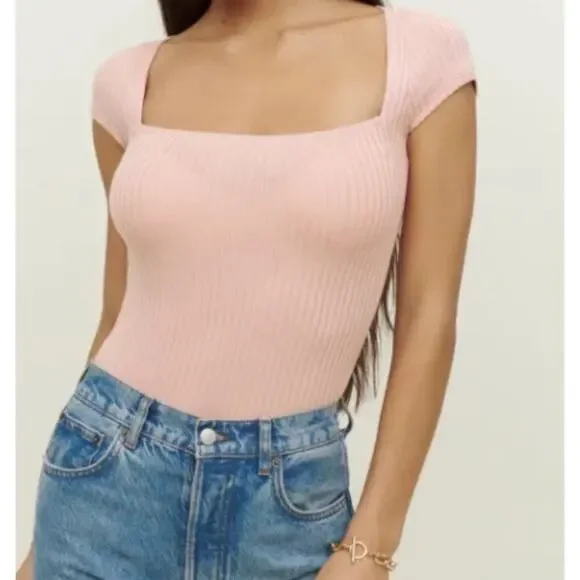 Reformation Cap-Sleeve Ribbed Knit Square Neck Blush Pink Bardot Top Small - Picture 2 of 9